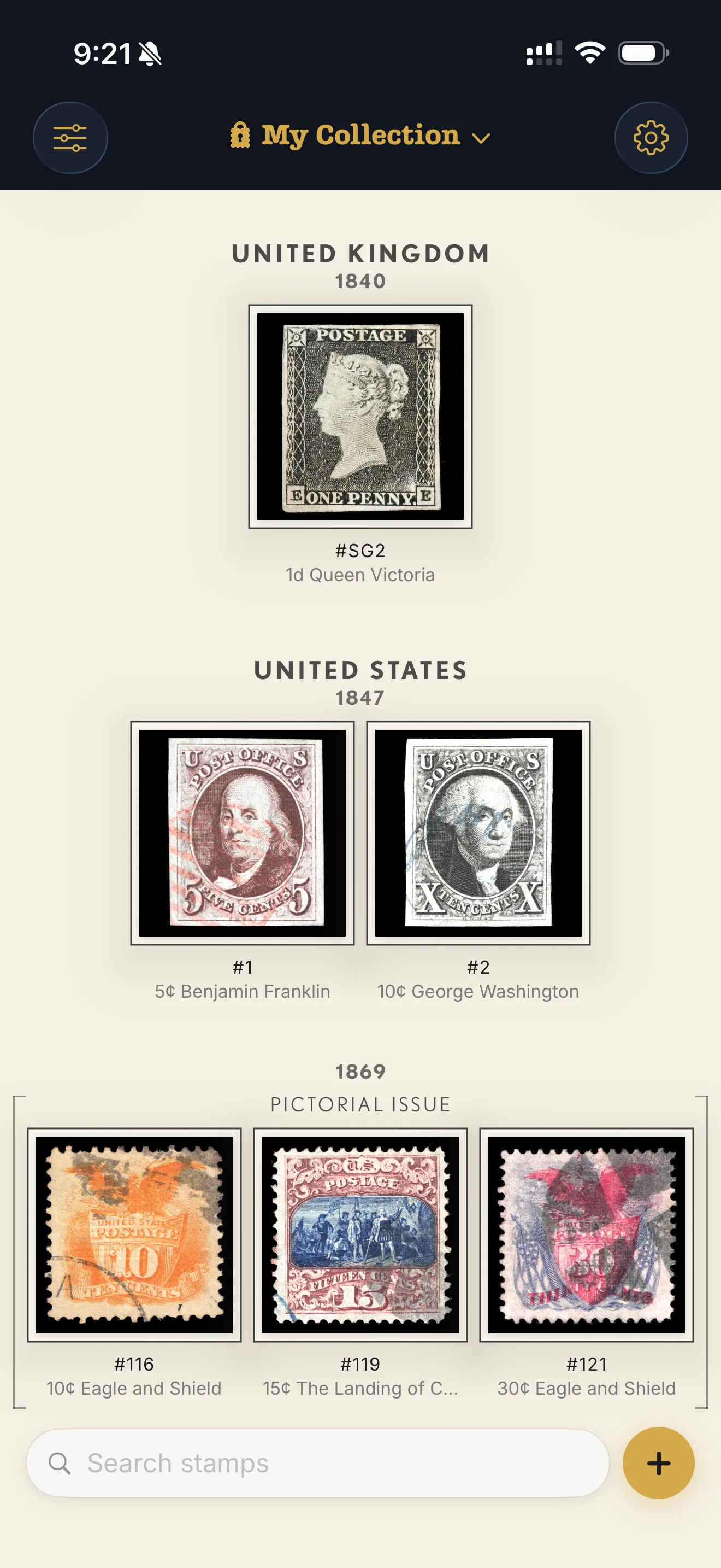 StampKeeper, running on an iPhone, showing a collector's stamp library.